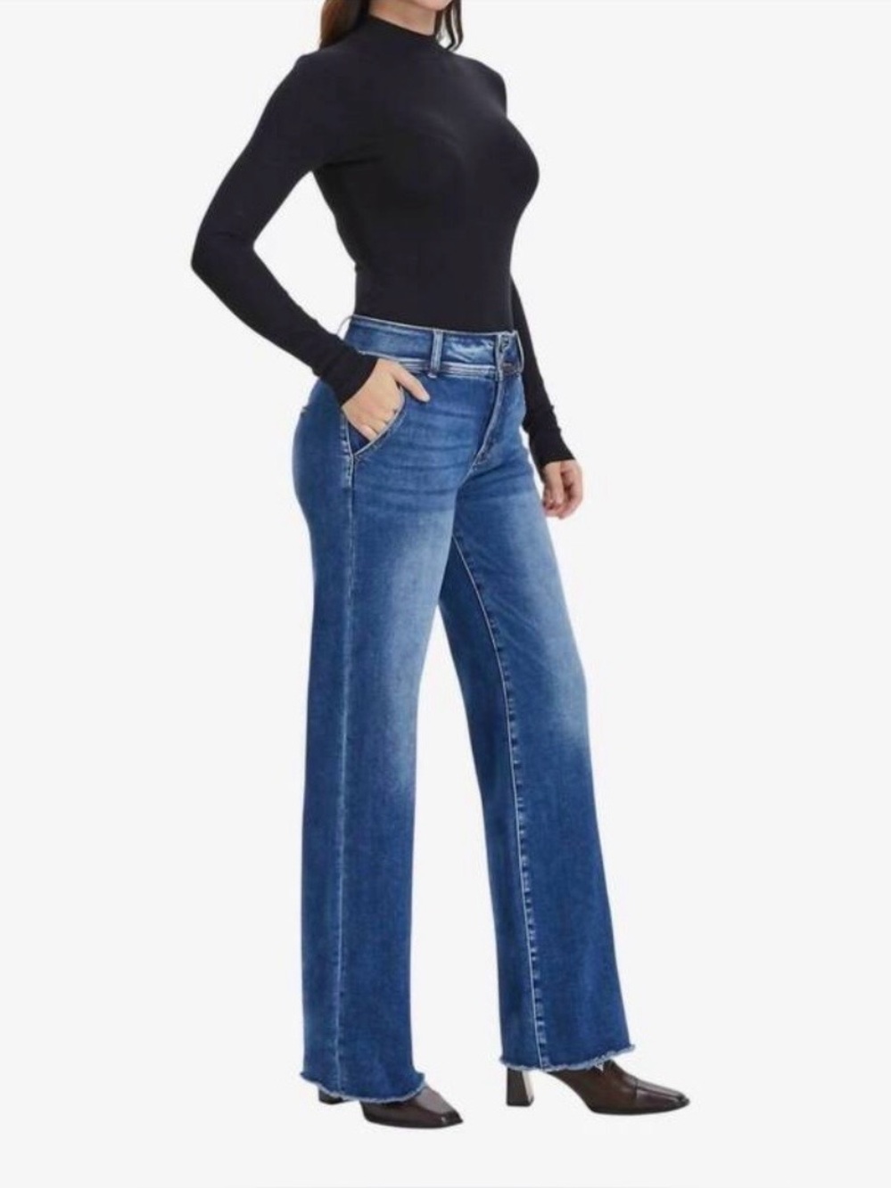 NWOT Bayeas High rise raw hem Straight jeans in dark blue 27